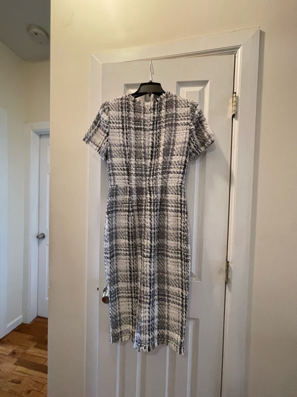 Plaid Tweed Short-Sleeve Midi Dress in Black & White